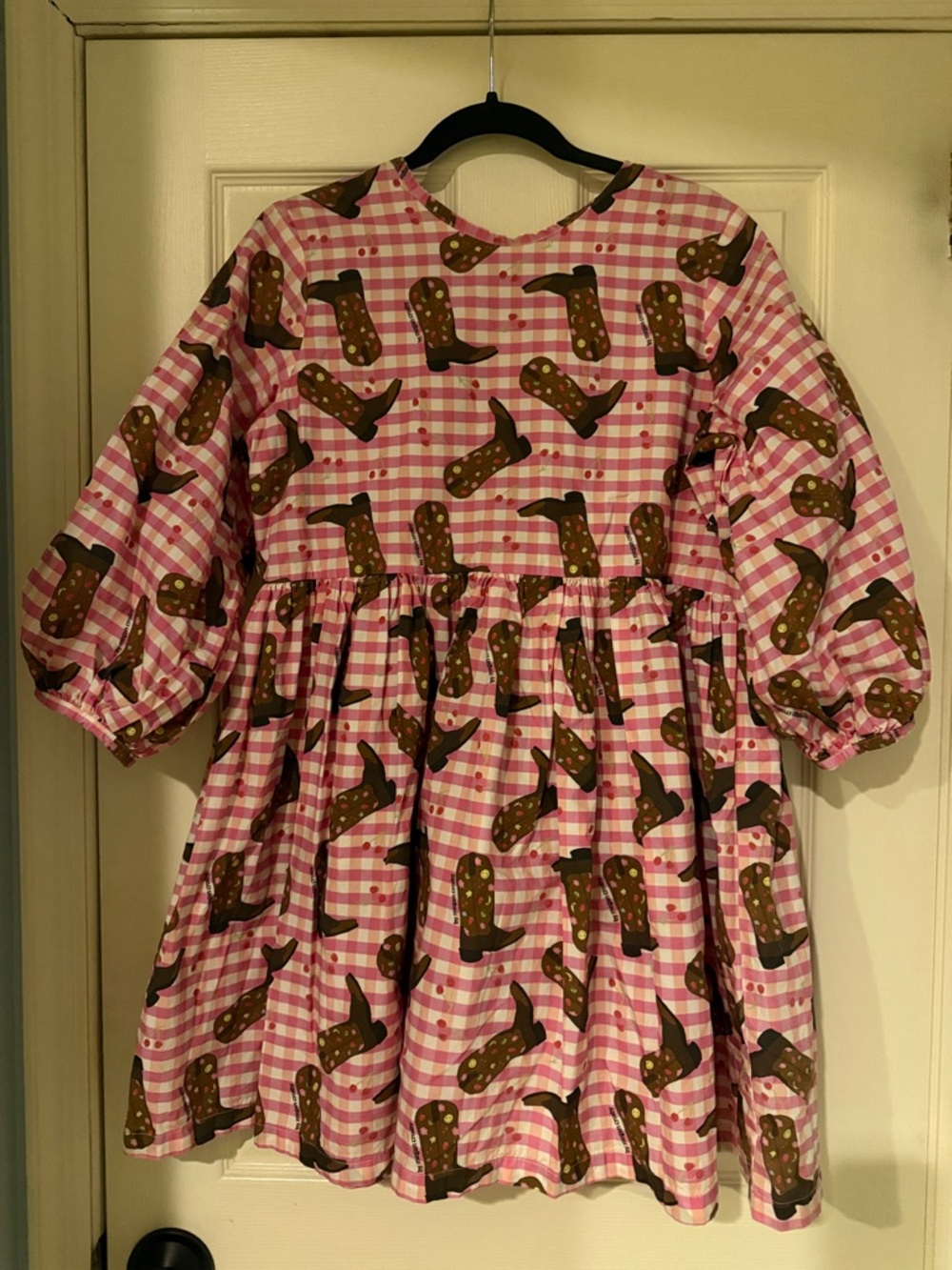Pink Gingham Mini Dress with Brown Boot Print